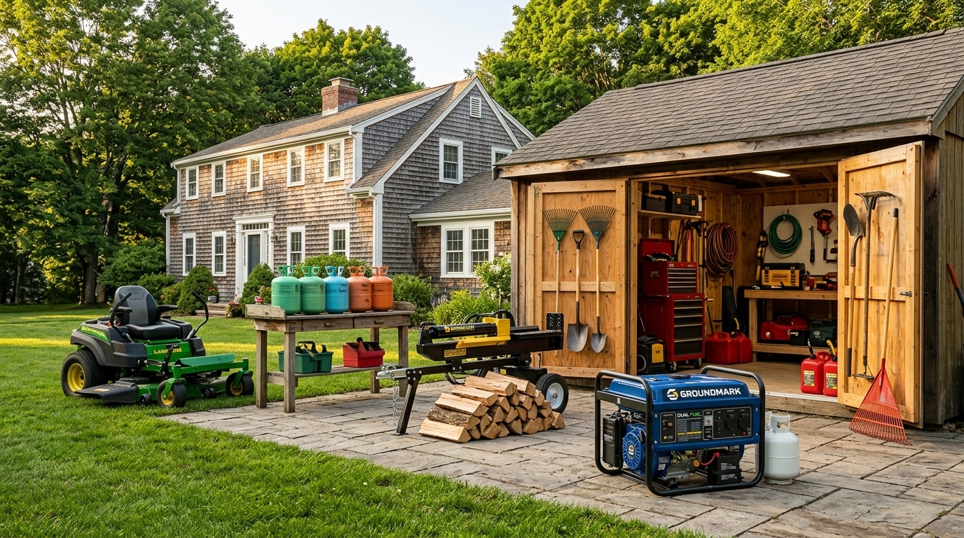 Mower, log splitter, generator, and refrigerant cylinders beside a backyard shed