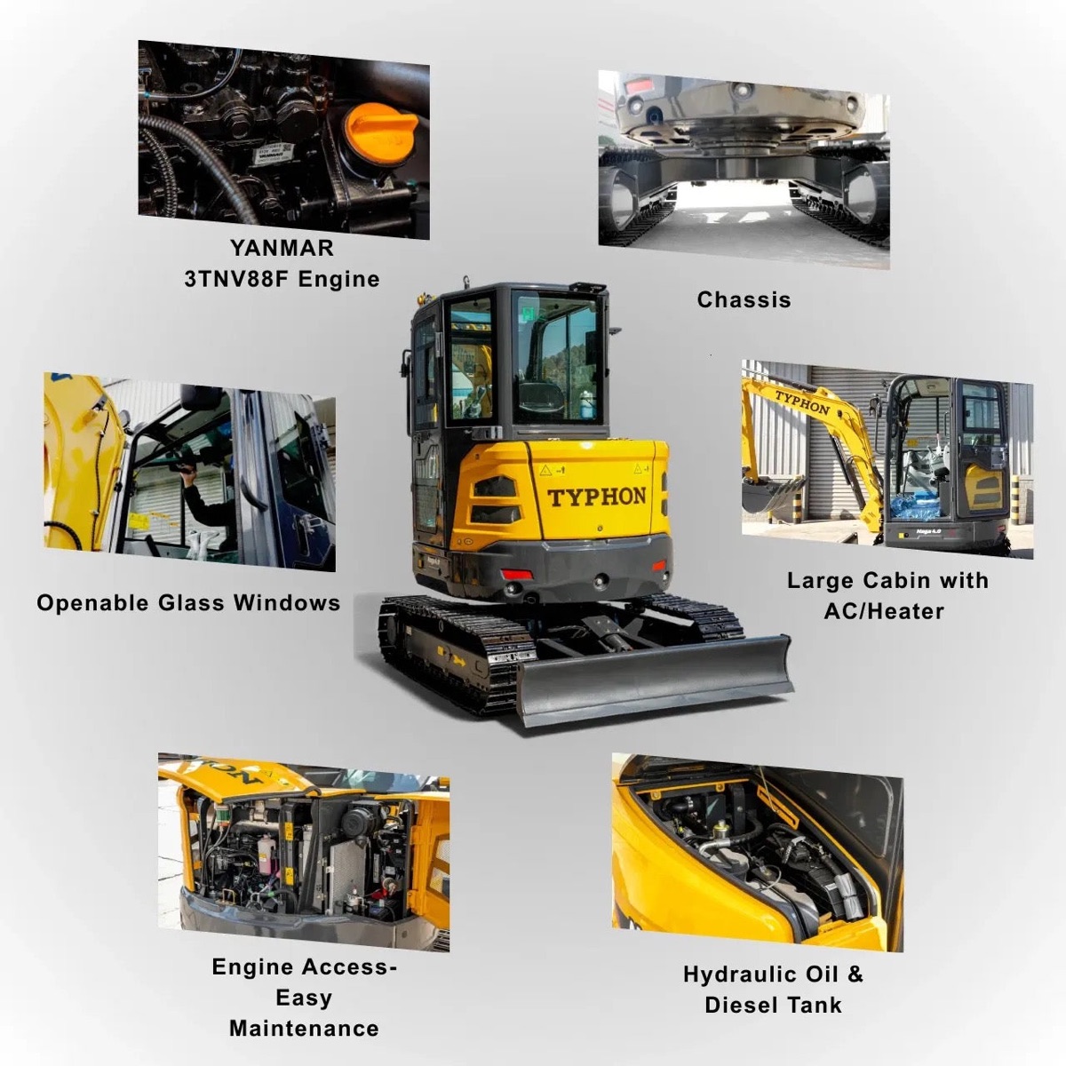 TYPHON NAGA 4.0 - 4 Ton Yanmar Diesel Mini Excavator with Steel Tracks, Enclosed A/C Cab and Zero Tail Swing, photo 9 of 11
