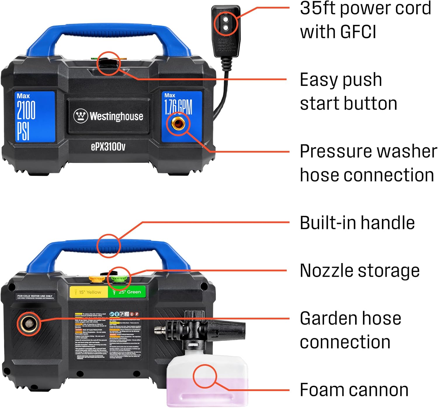 Westinghouse ePX3100v Compact Electric Pressure Washer with Detachable Foam Cannon (2100 Max PSI / 1.76 GPM), photo 4 of 7