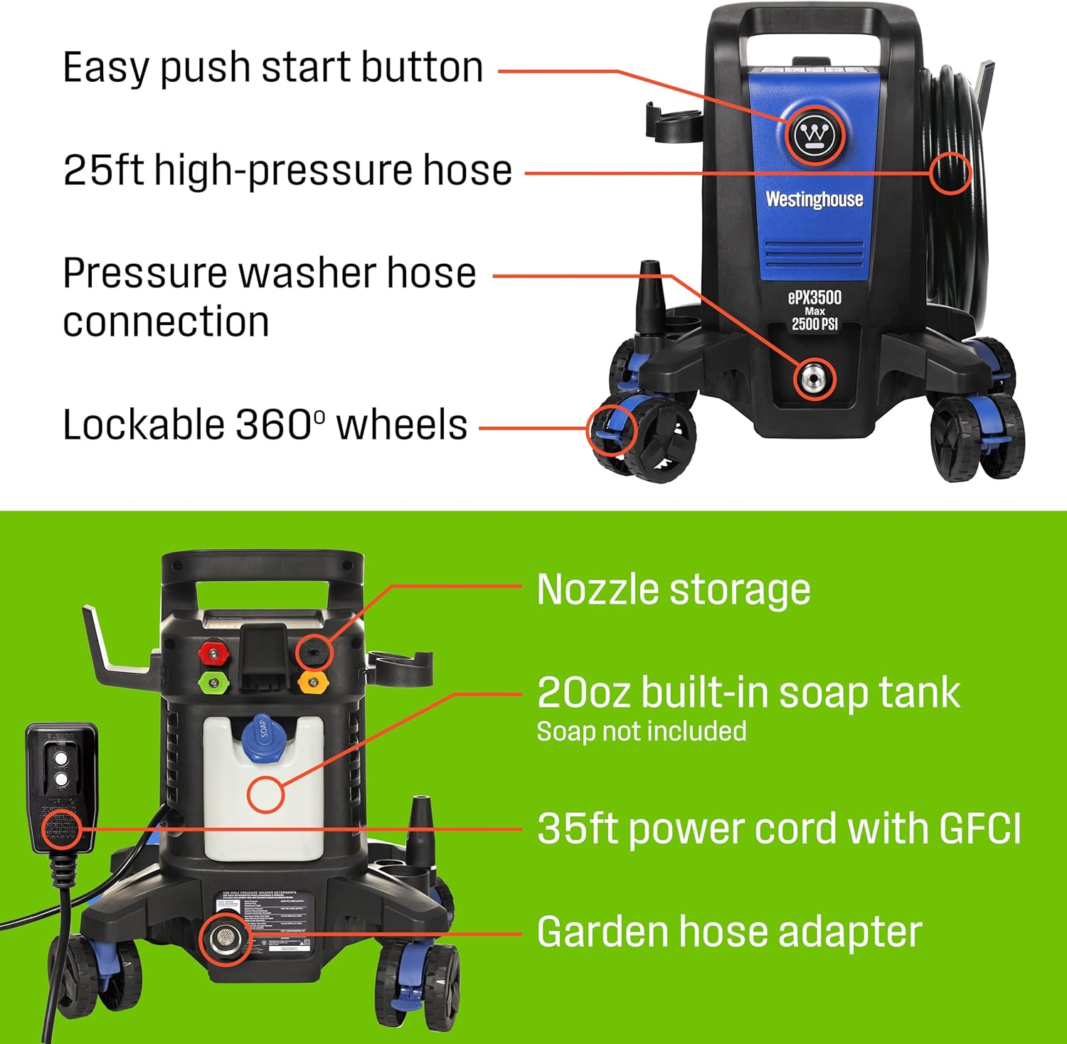 Westinghouse ePX3500 Electric Pressure Washer (2500 Max PSI / 1.76 Max GPM · Anti-Tipping 4-Wheel), photo 4 of 7